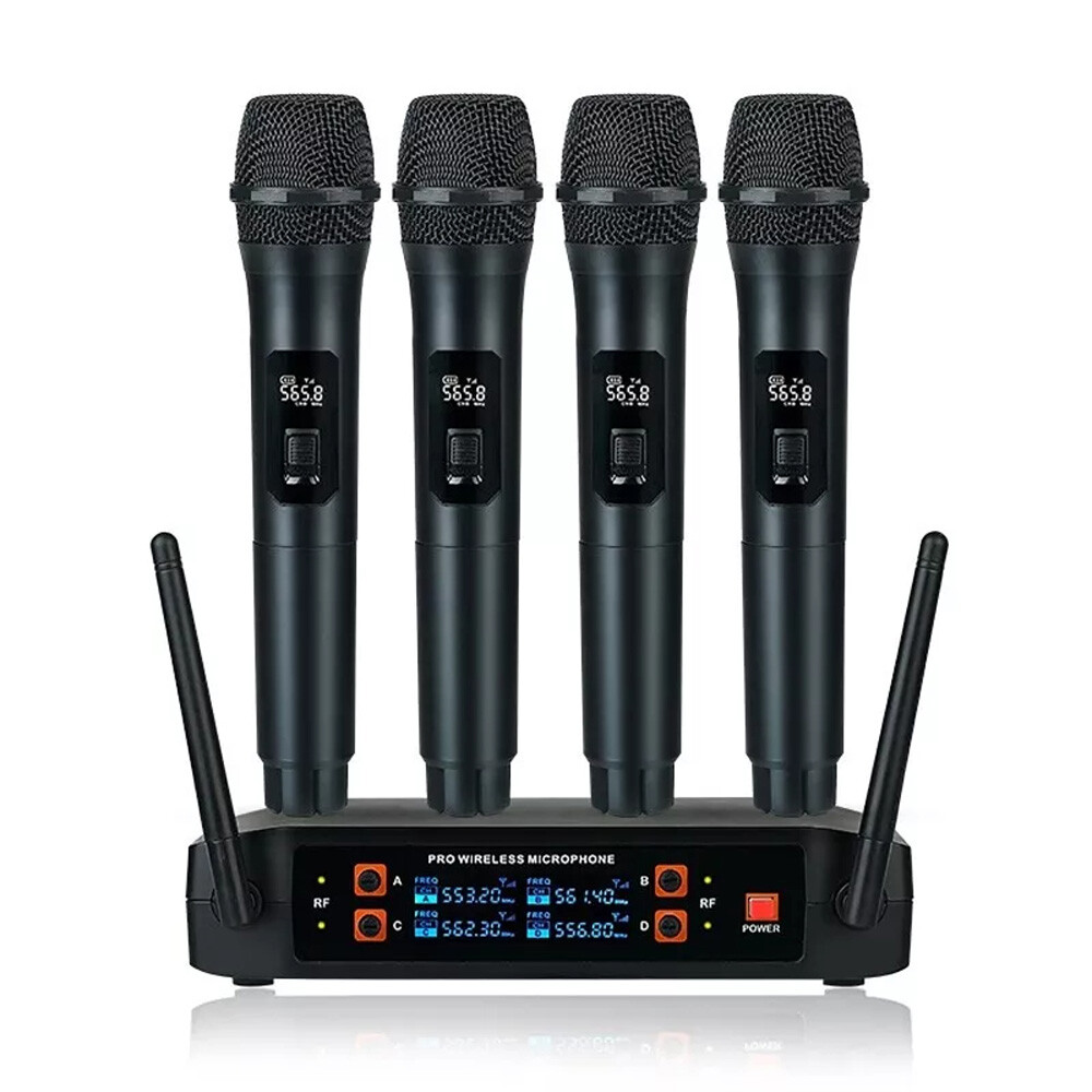 Professional 4 Channel VHF Wireless Dual Microphone Cordless Handheld Mic System