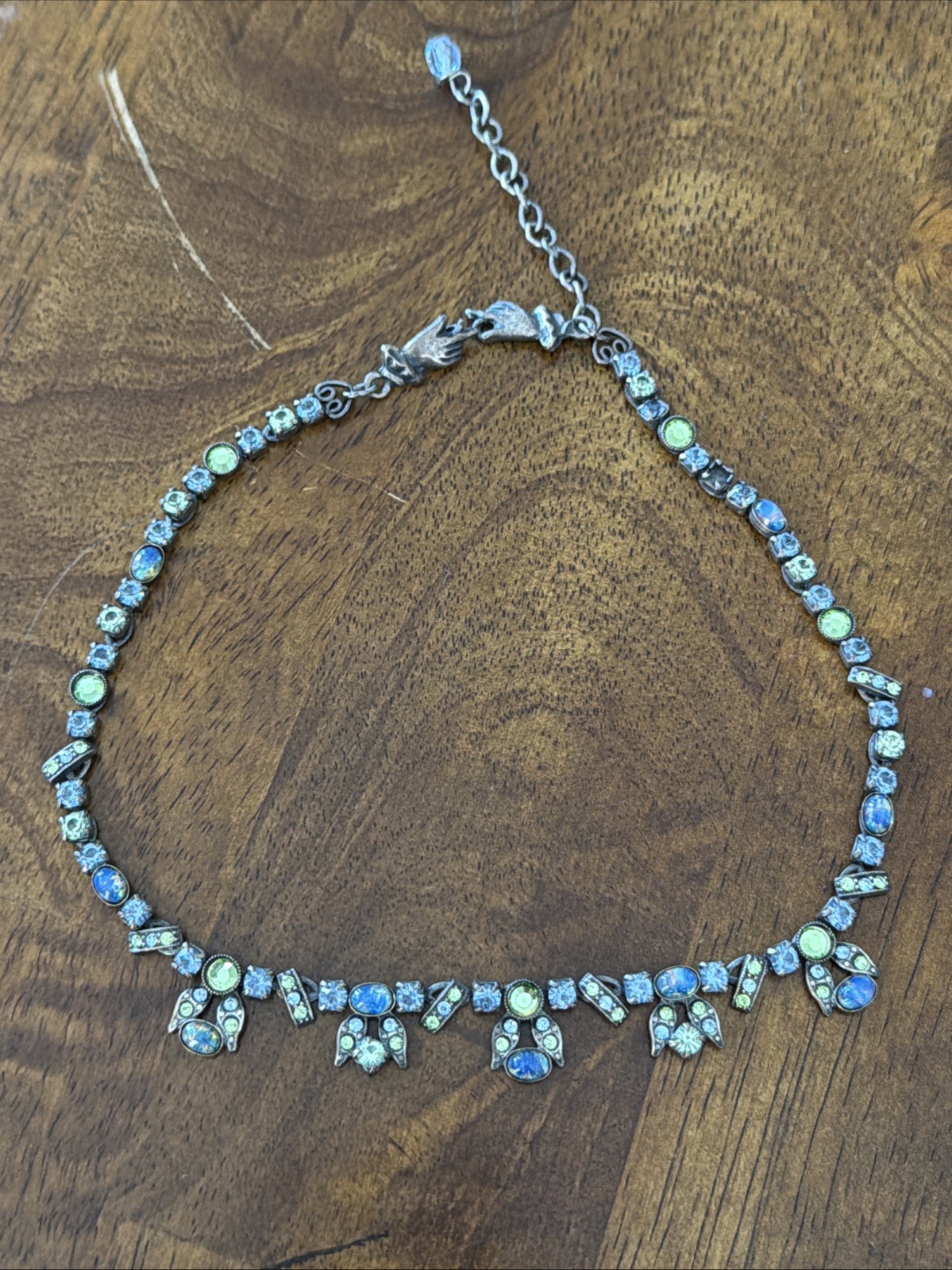 Mary Demarco Fairycore Rhinestone Tulip Glass Opal Hand Clasp Necklace 13"