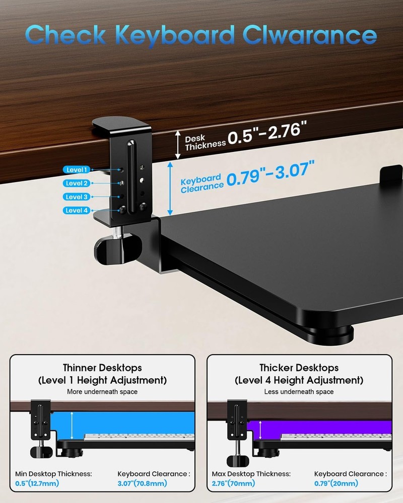 Large Keyboard Tray Under Desk, Pull Out Keyboard & Mouse Tray with Adjustabl...