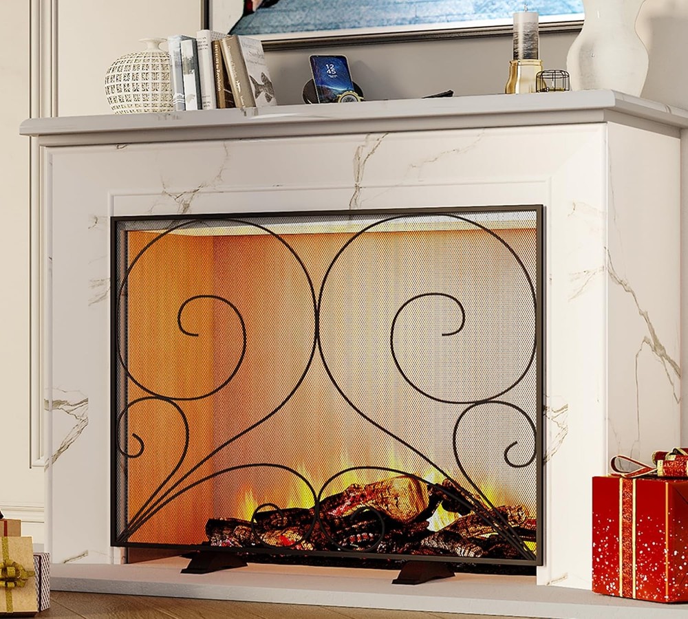 Single Panel Fireplace Screen Handcrafted Solid Wrought Iron Mesh Heat-Resistant