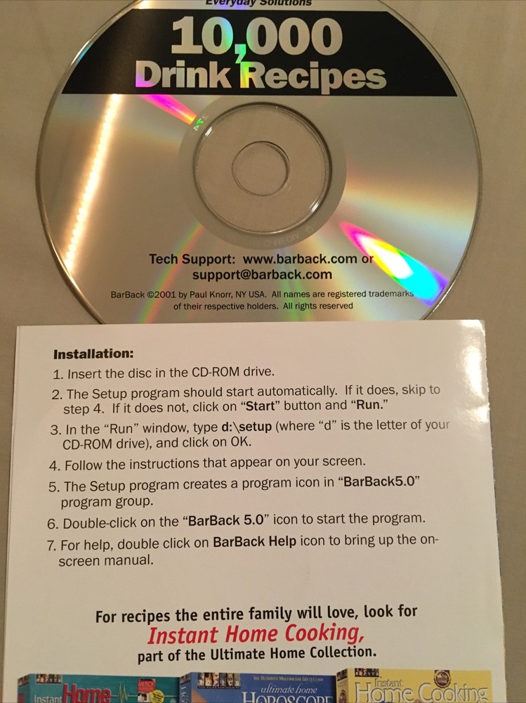10,000 drink recipes on CD ROM, BarBack 5.0 disc, 2001, Snap! solutions Software