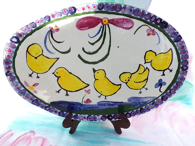 Studio Art Pottery Easter Yellow Chicks Appetizer Oval Plate Signed KINGA 15"