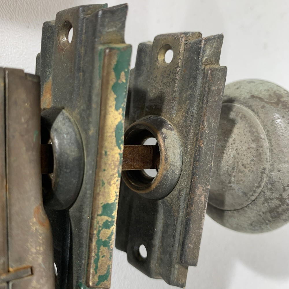 6 Piece Antique Art Deco Doorknobs Set Brass Backplates & Copper Knobs Latch