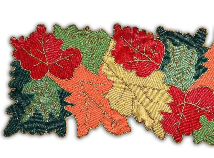 Multicolor Leaves Table Runner Beaded Fall Table Runner Autumn Tableware 13X36In