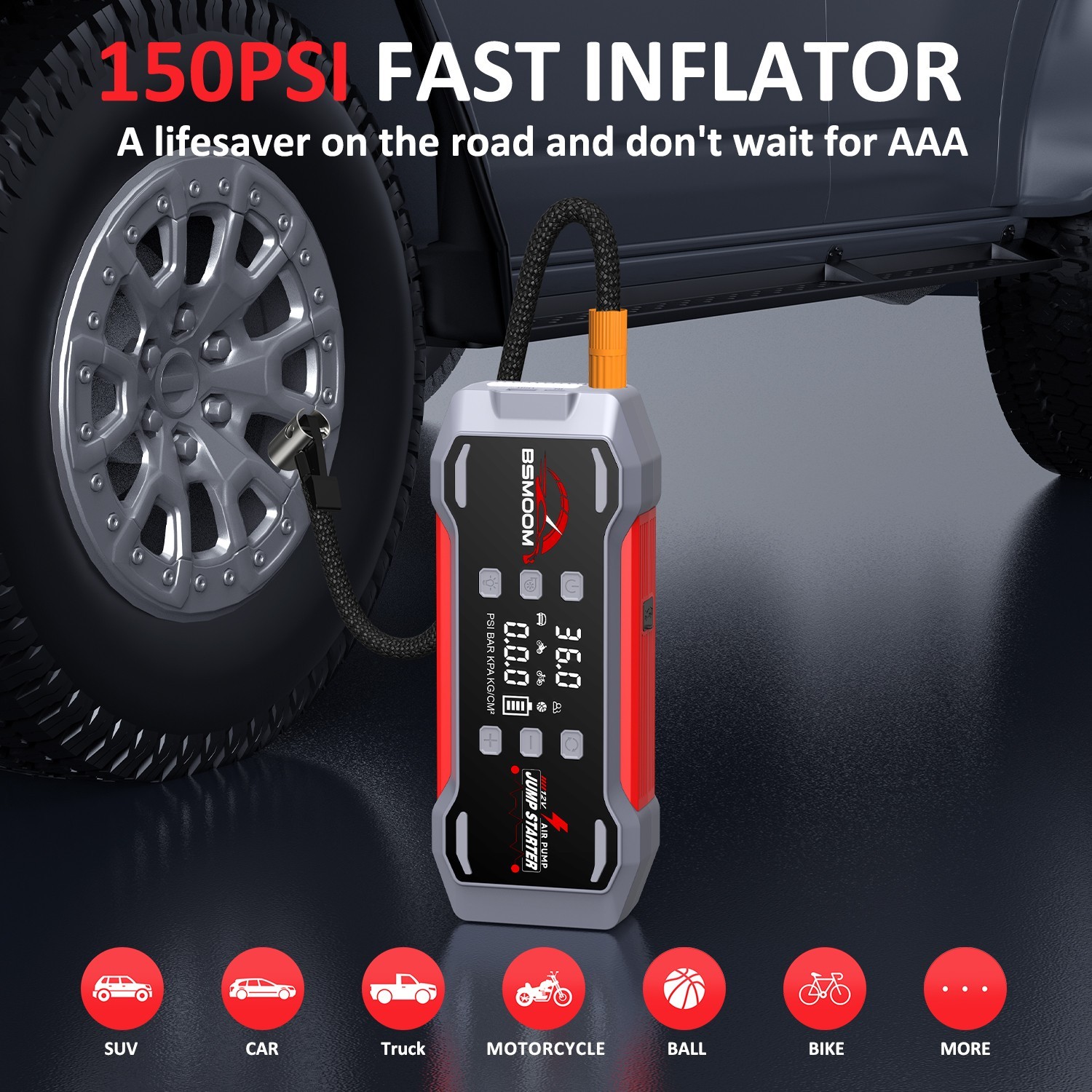 12V 9000A Jump Starter with Air Compressor Portable Power Bank & Tire Inflator