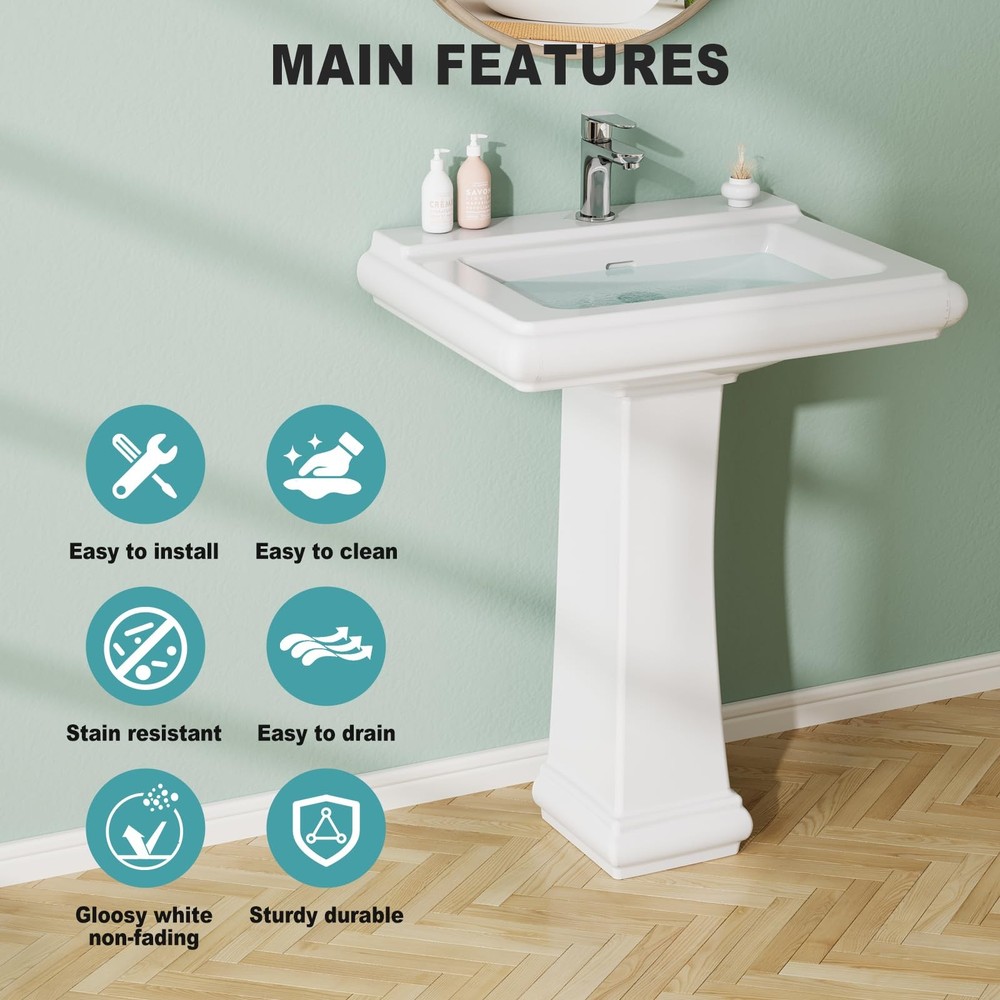 26" W X 20" D Bathroom Pedestal Sink, Rectangular White Ceramic Vanity Sink w...