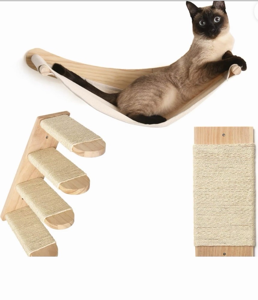 Chasing Tails Cat Hammock & Shelf Set, Scratching Post, Extra Cloth, Wood Sisal