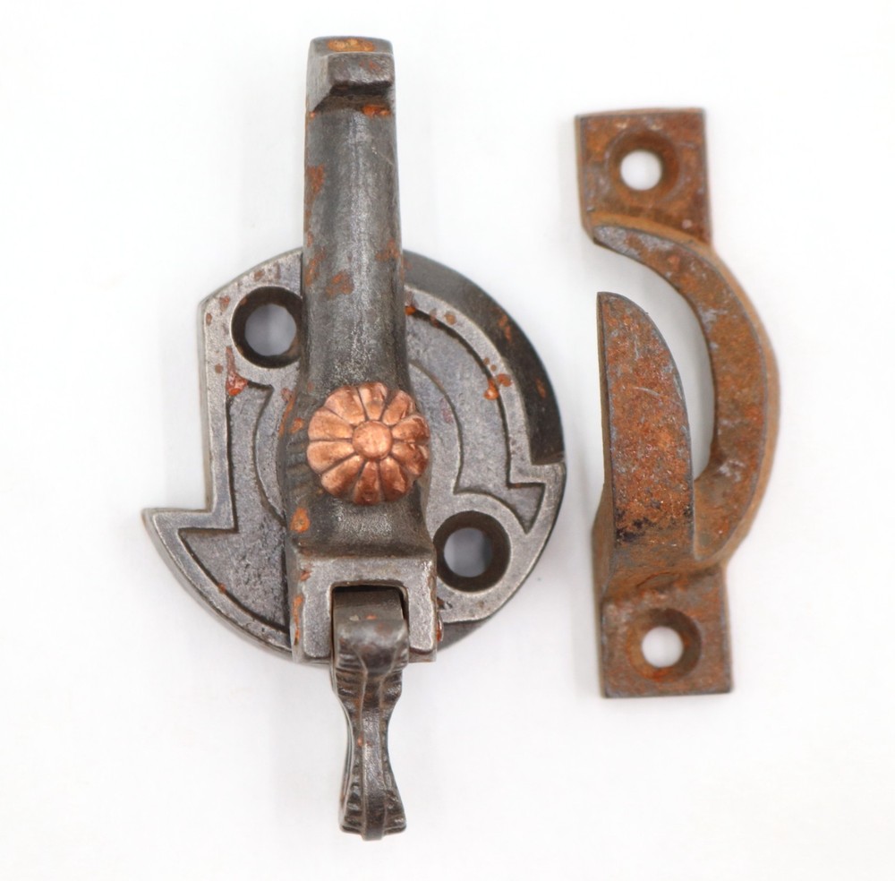 Antique Cast Iron Window Lock with Copper Plated Brass Button