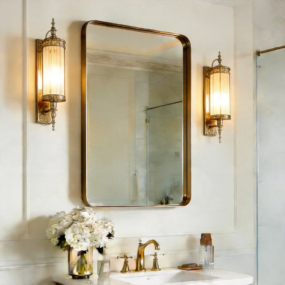 USHOWER 24x36 Brushed Gold Bathroom Mirror Rectangle Aluminum Frame Wall Mounted