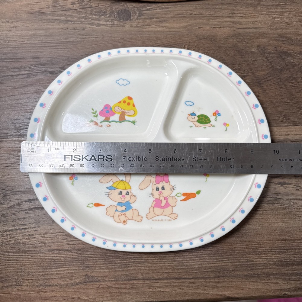 Vintage Peco 3section Divided Plate Bunny Rabbit Mushrooms Easter Turtle 1986
