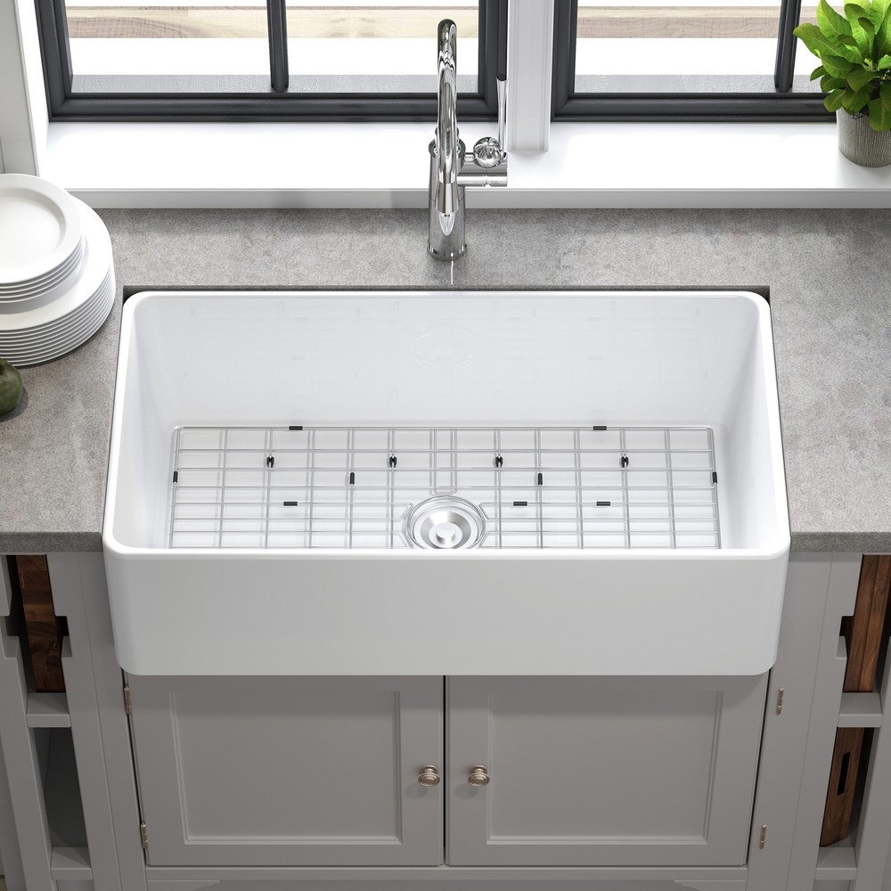 36'' 33"30" Kitchen Sink White Rectangular Ceramic Apron Farmhouse Sink Strainer