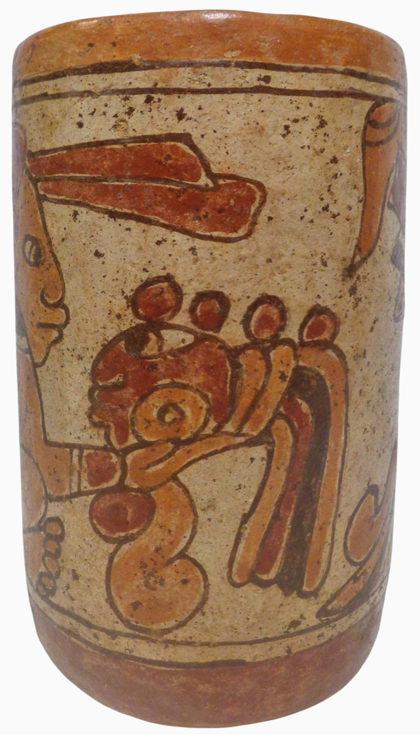 MID-CENT REPRO of PRE-COLUMBIAN HAND DEC CERAMIC CYLINDER VESSEL of SEATED DEITY