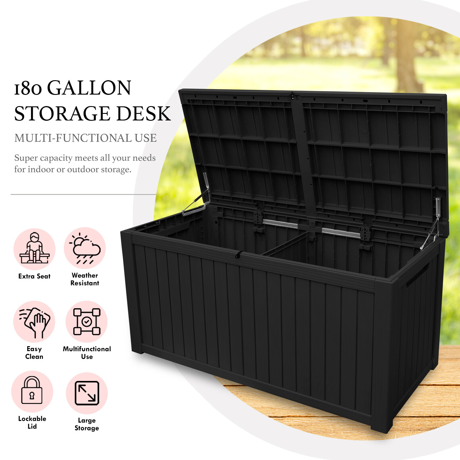 180 Gallon Deck Box Storage Outdoor Garden Patio Chest Organizer Furniture Black