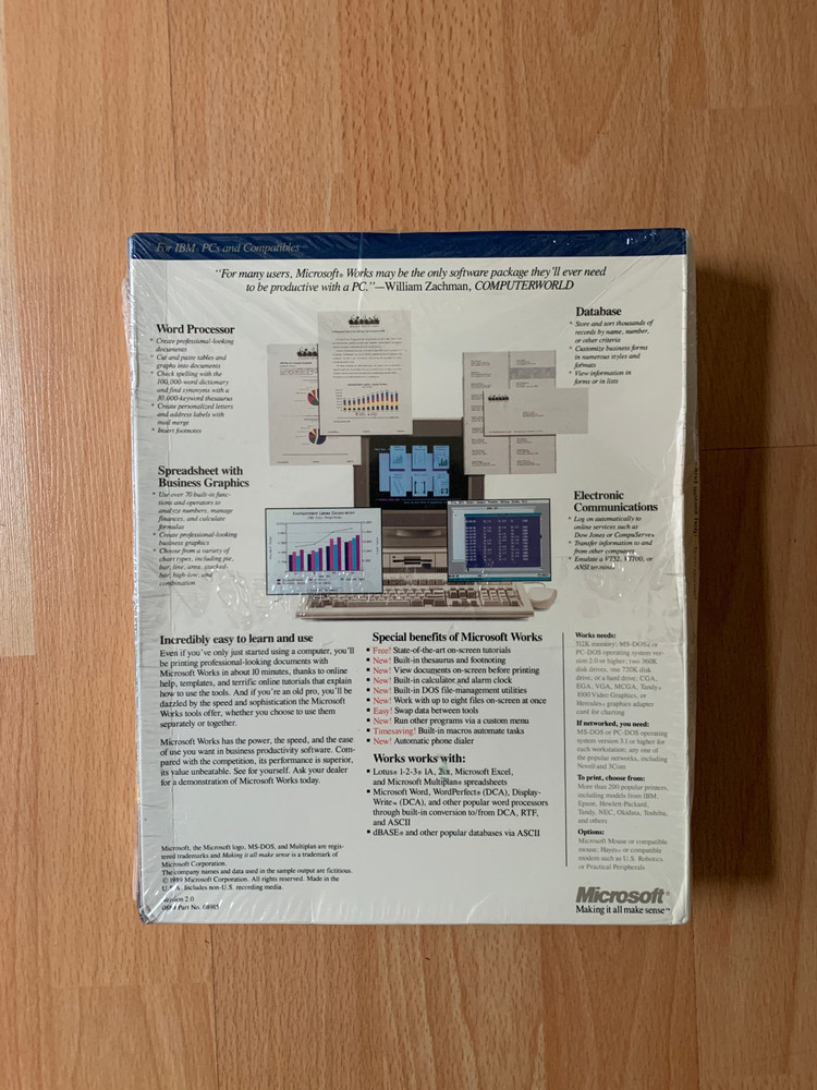 Microsoft Works 1989 2.0 for Windows Vintage Software Sealed Smashed Box