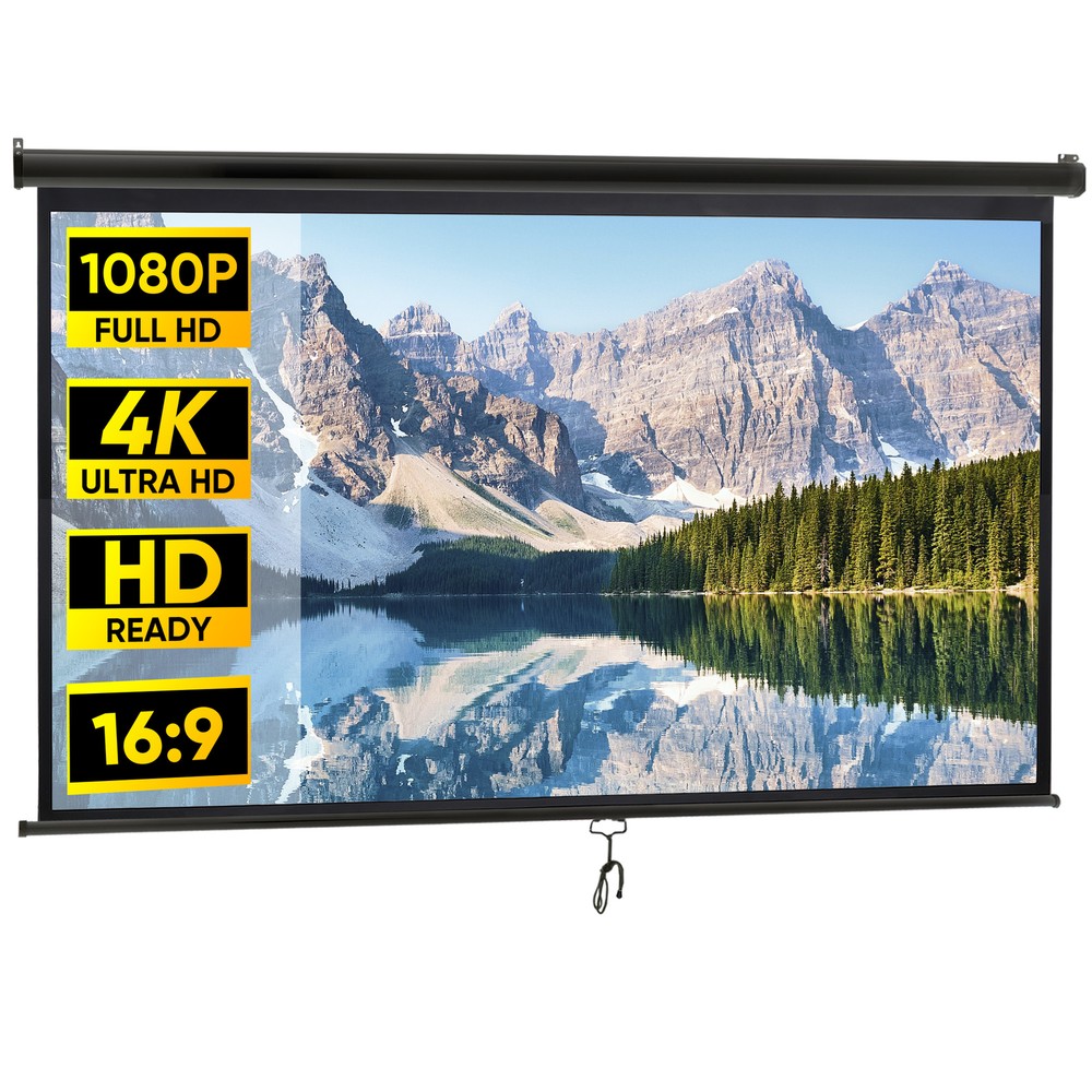 100" Projector Screen Pull Down Manual 16:9 HD Ceiling Wall Mount Black Portable