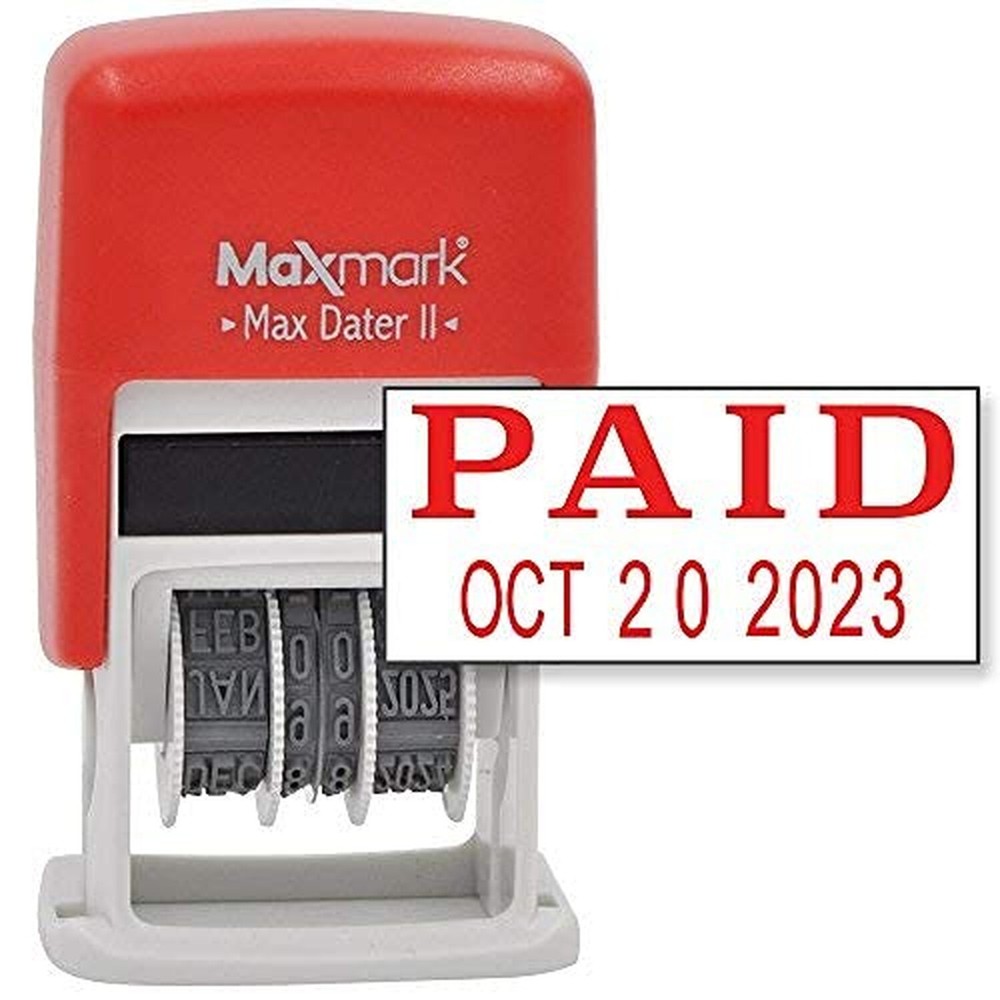 MaxMark Self-Inking Rubber Date Office Stamp with Paid Phrase & Date - RED In...
