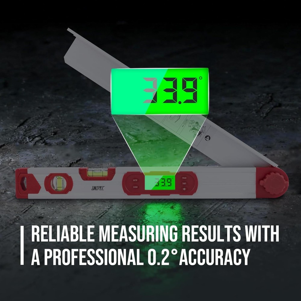 16-Inch Digital Angle Finder with MTR & COM, 0–220° Protractor with Backlit L