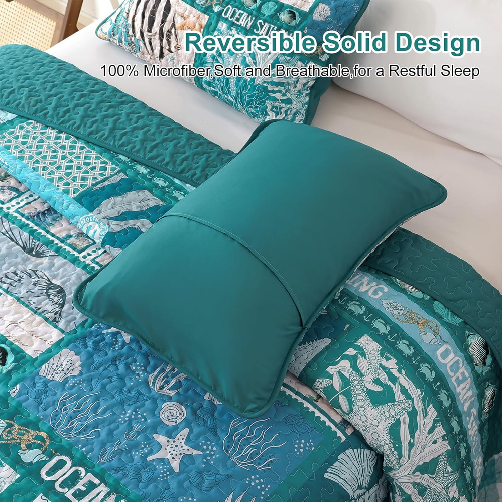 Coastal King Size Quilt Set 3PC Reversible Lightweight Ocean Patchwork Bedspread