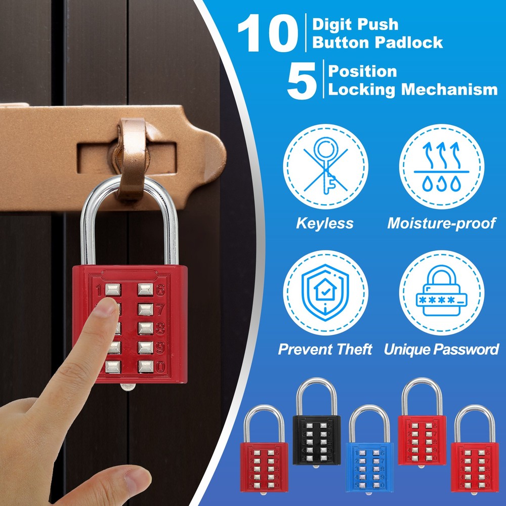 Push Button Combination Padlock 10-Digit 5-Position Lock Red