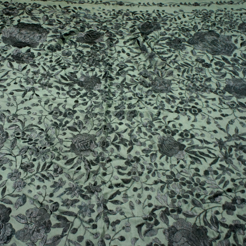 Antique Silk Shawl Wrap Piano Scarf HAND EMBROIDERED FLORAL WITH FRINGE 51"inch