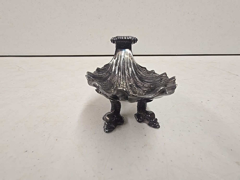 Antique Victorian Scroll Handle Dolphin Footed Silver Shell Dish Salt Dip
