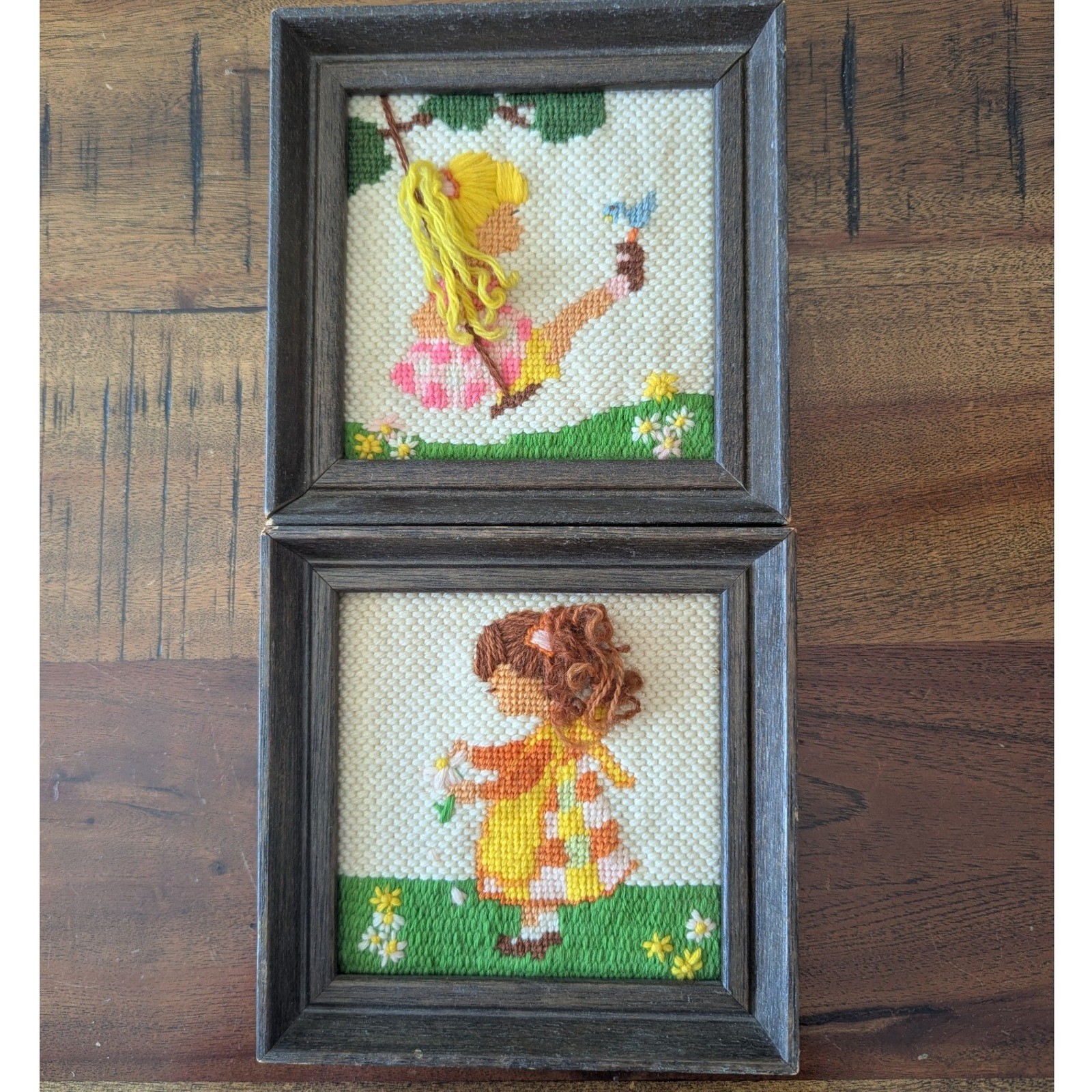 Vtg 70s Needlepoint Yarn Art Framed Set of 2 Little Girl Meadow Retro Nursey