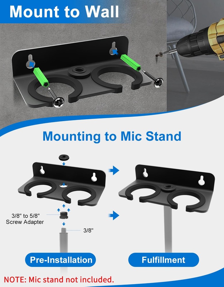 Multi Microphone Holder for Wired Wireless Mics Wall or Stand Mounted