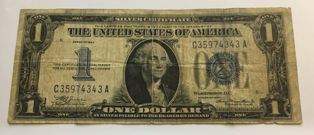 1934 $1 One Dollar Silver Certificate FUNNY BACK