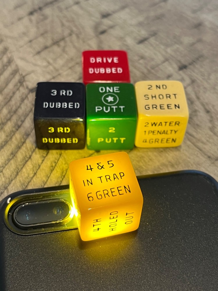 Old bakelite Galloping Golf oversized dice cube set cherry apple + 120123@