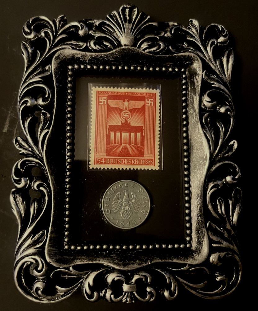Framed WWII , German postage stamp, and Coin #4