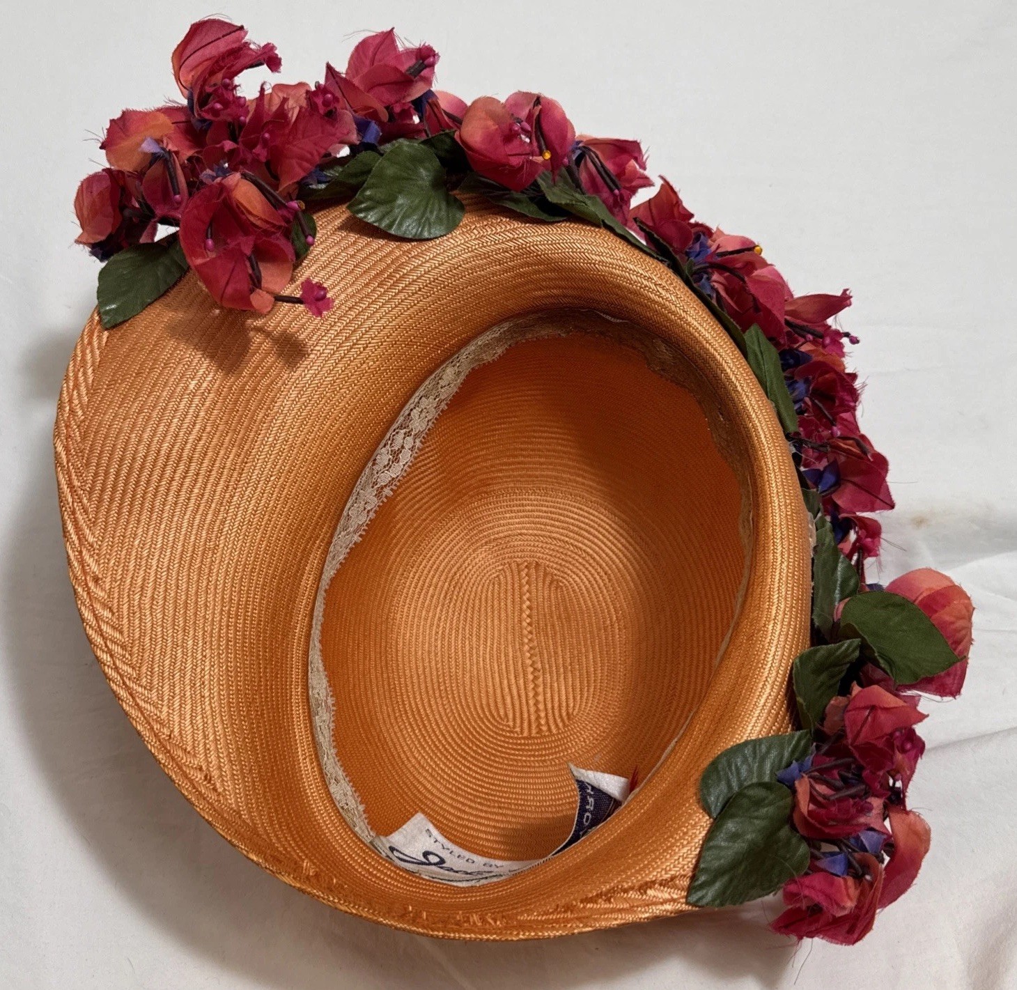 Vintage Jack McConnell Red Feather Edition Hat Floral Boho Derby Designer EUC