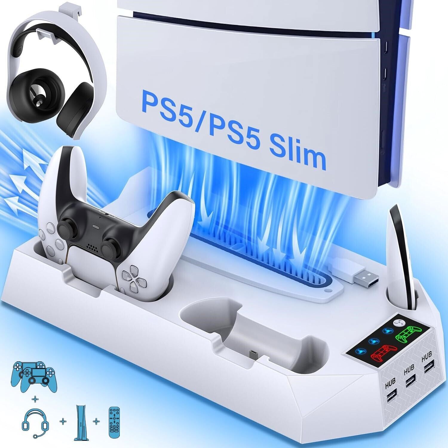 PS5 Slim Stand Cooling Fan,PS5 Controller Charging Station for Sony Playstation5