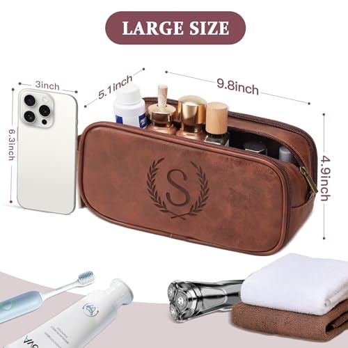 Leather Toiletry Bag for Men, Personalized Laserngraved Initials & Red Brown E