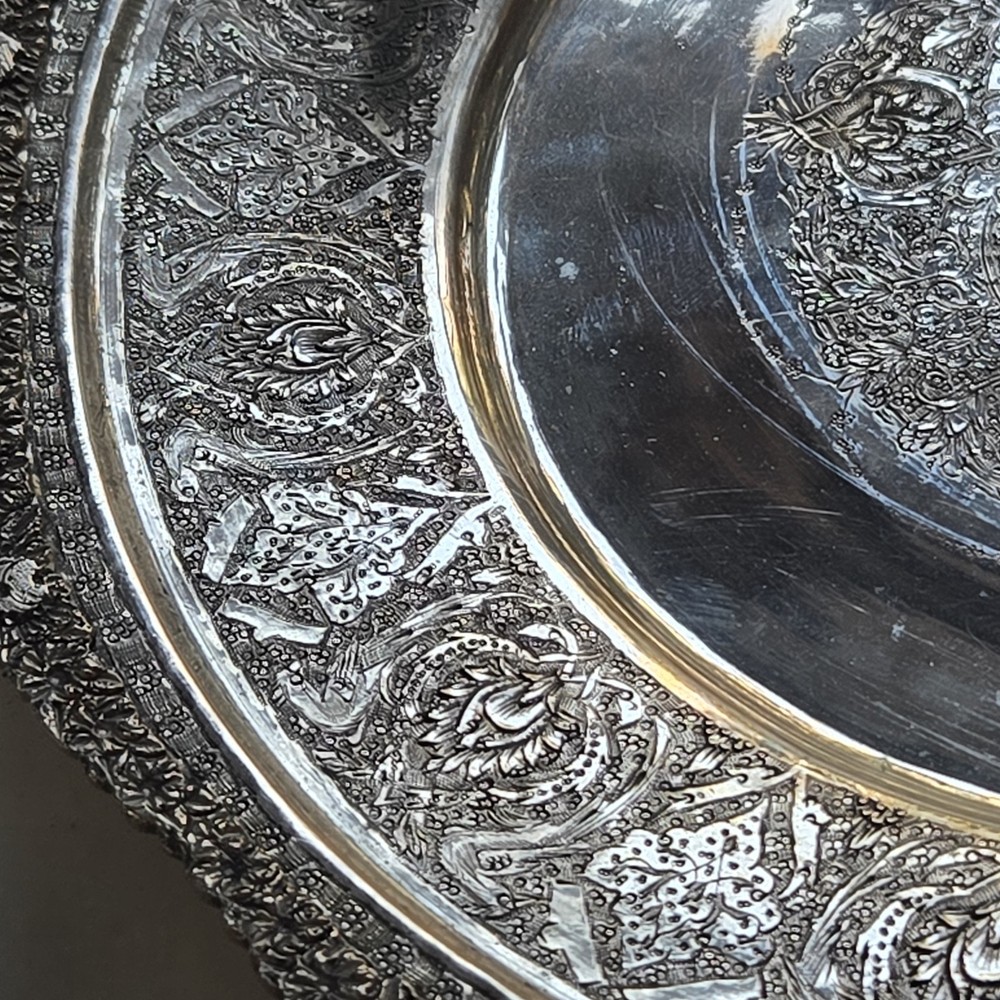 EXCEPTIONAL GENUINE ANTIQUE MIDDLE EASTERN SILVER ROUND TRAY DISH