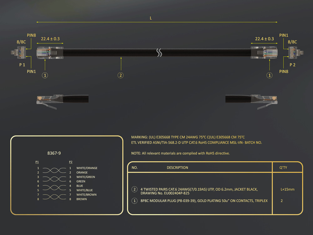 10ft Cat6 UTP Non-Booted Ethernet Network Patch Cable 24AWG Bare Copper, Black