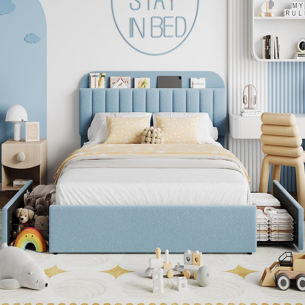 Full Size Upholstered Bed Frame & Headboard ,Boucle Platform Bed with 2 Drawers