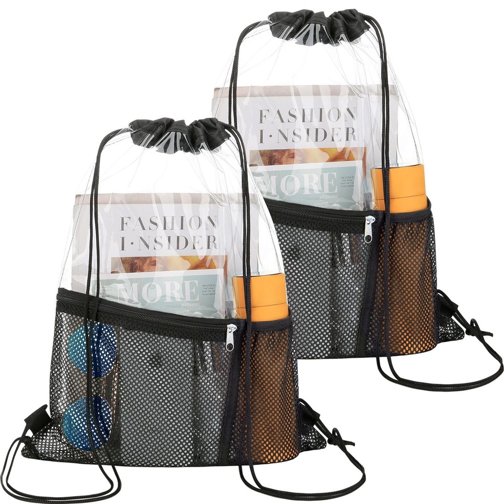 NATURAL STYLE 2 PACK Clear Drawstring Bag Stadium Approved, See Large, Black