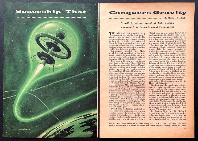 Project Magnet UFO 1957 article “Spaceship that Conquers Gravity” research