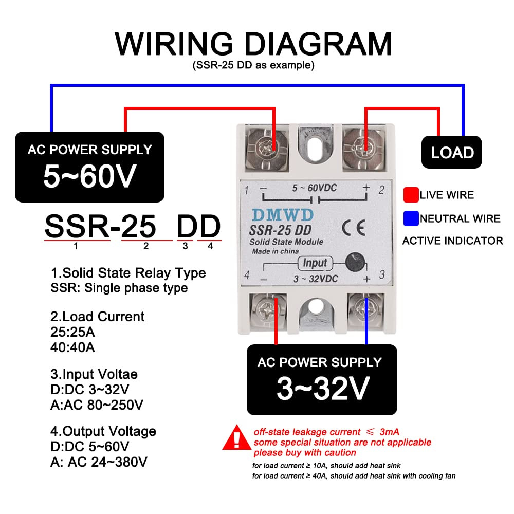 SSR-25DD Solid State Relay DC to DC (Input 3-32V DC Output 5-60V DC) with Hea...