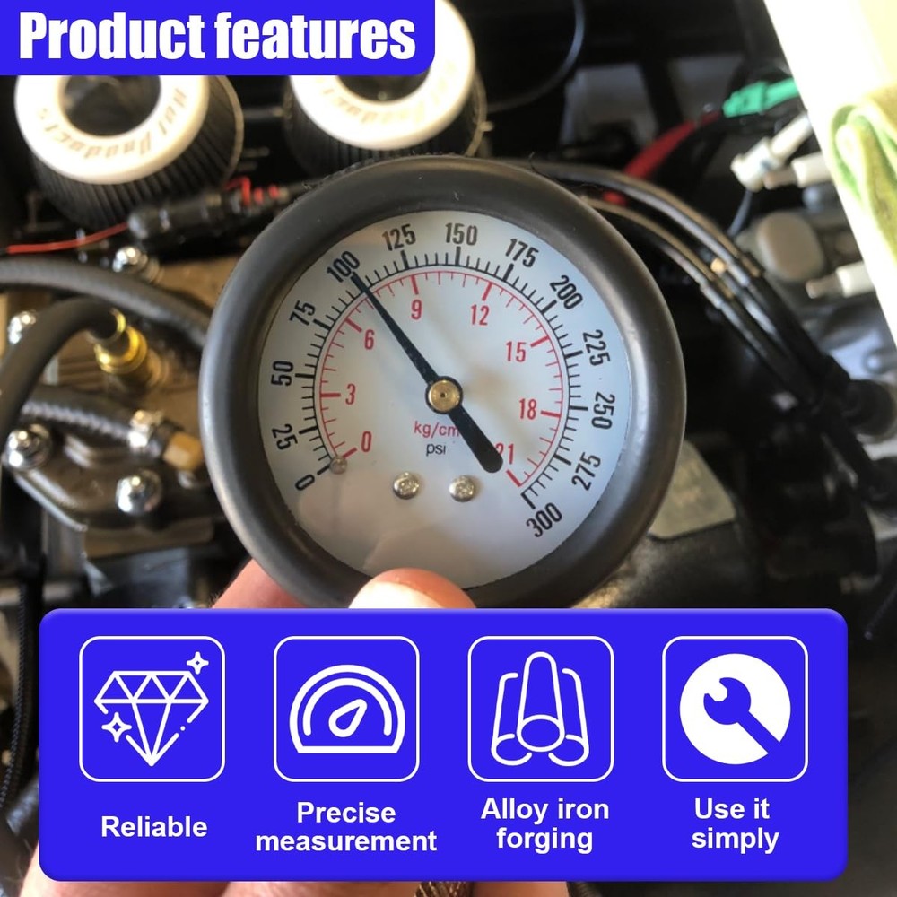 9PCS Engine Compression Tester Kit with Spark Plug Gauge, 0300 PSI