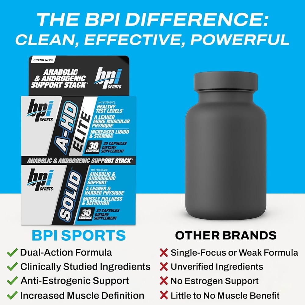 BPI Sports A-HD Elite + Solid + A-HD 30 Caps each Boost Testosterone Support