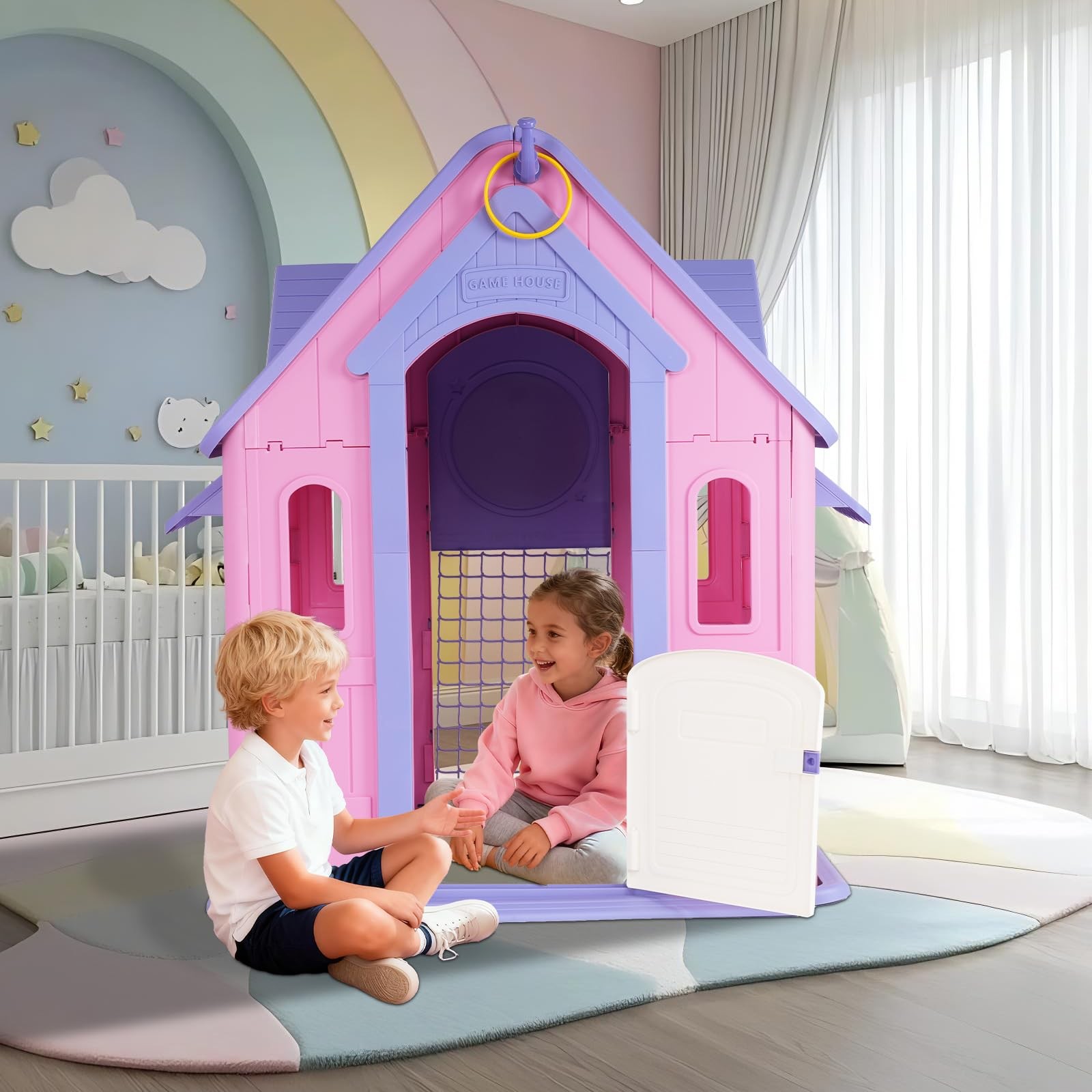 Kids Cottage Playhouse Indoor Outdoor Magnetic Dartboard Basketball Ring Toss So