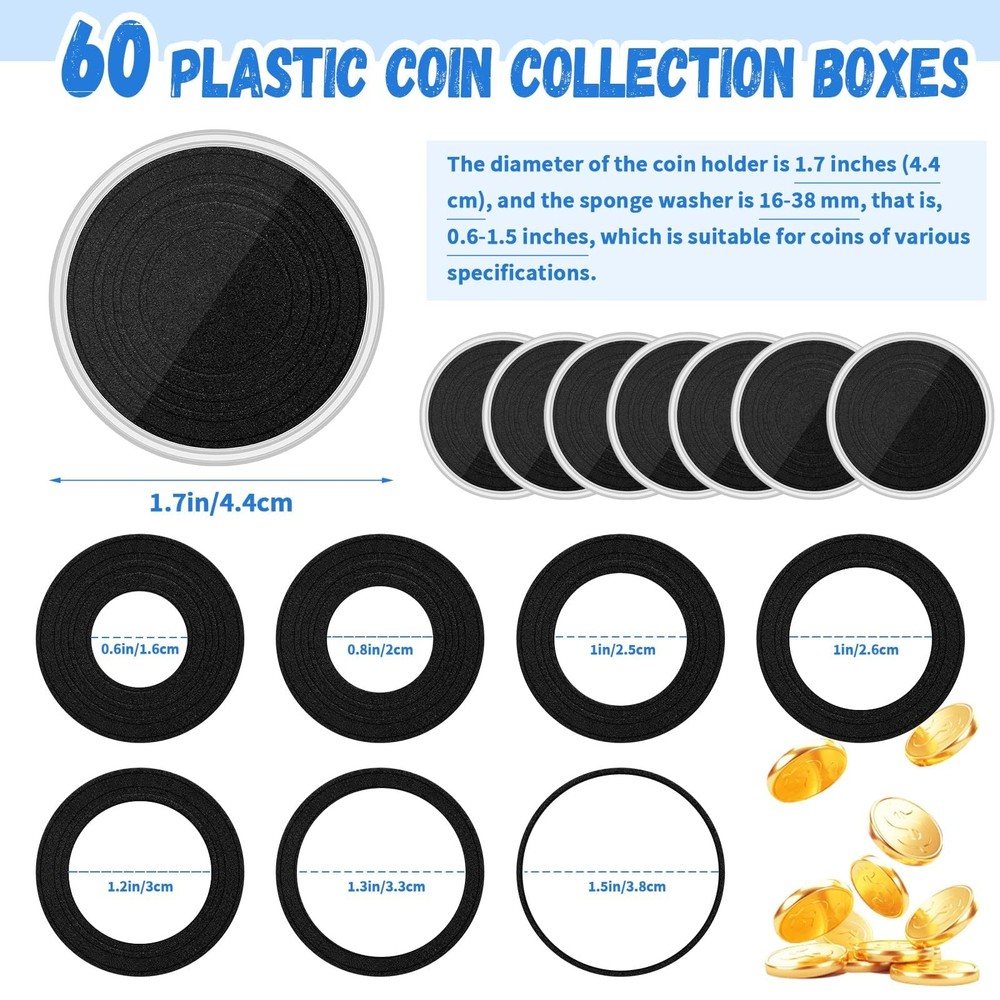 Fansunta 60 Silver Dollar Coin Holders Clear Round Plastic Cases W/ Rings