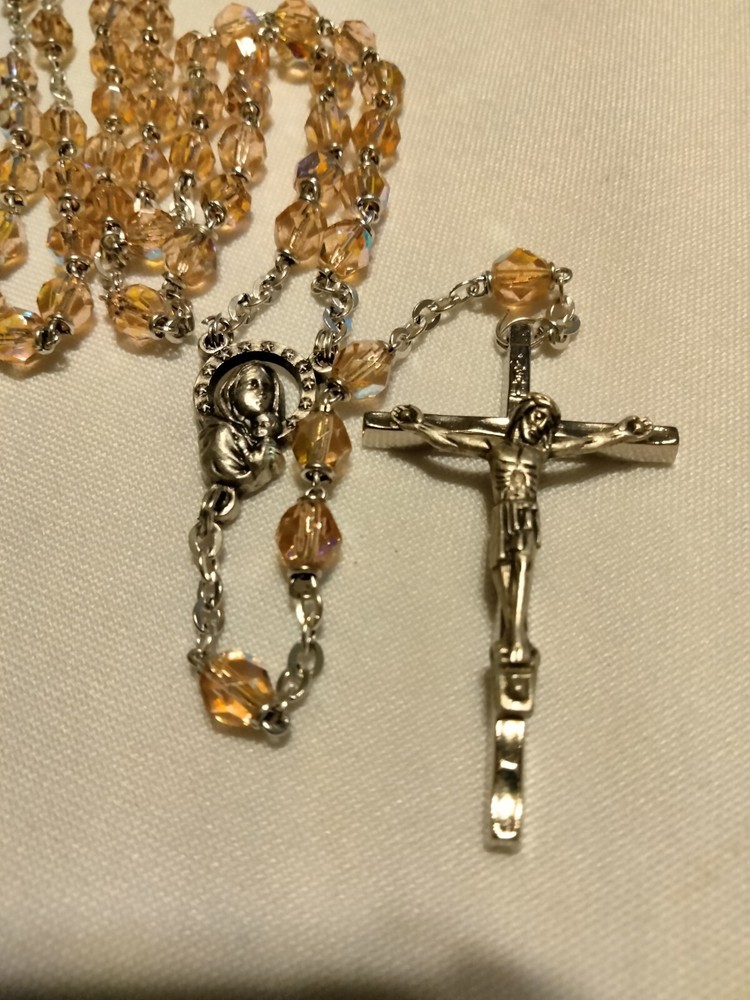 🍑 Antique 🍑 Peach Rosary Aurora Borealis Crystal Beads STUNNING