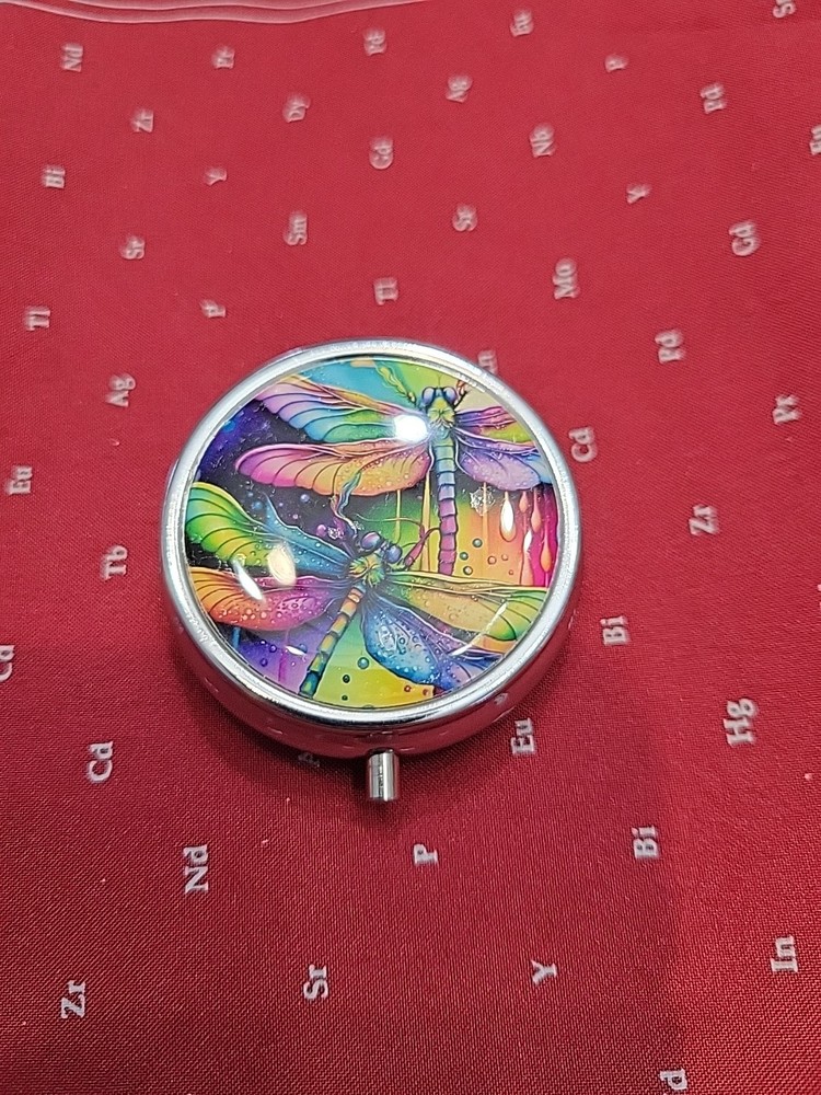Dragonfly Multicolor Pastel Round Pill Box, 3 Compartment Decorative