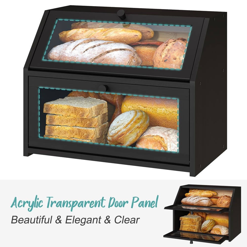 Black Bread Box for Kitchen Counter, Large Bread Storage Container, Double La...