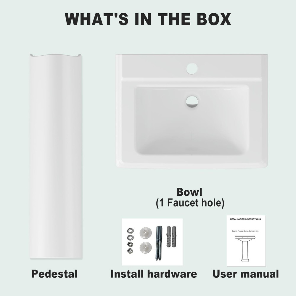 26" W X 20" D Bathroom Pedestal Sink, Rectangular White Ceramic Vanity Sink w...