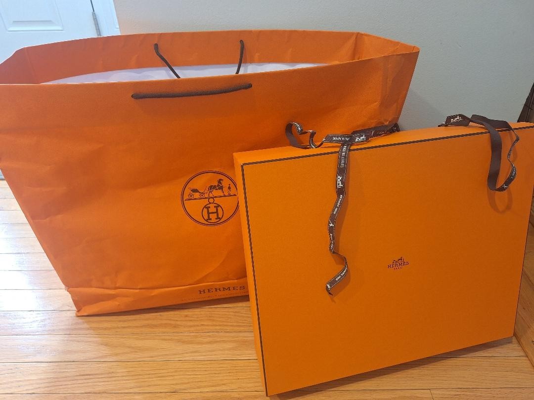 Authentic HERMES Large Orange Box 18"W x 15"L x 4" H, Shopping Bag & 70" Ribbon