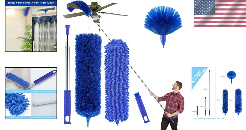 Flexible Microfiber Duster Kit with 100" Extension Pole for Fans and Blinds