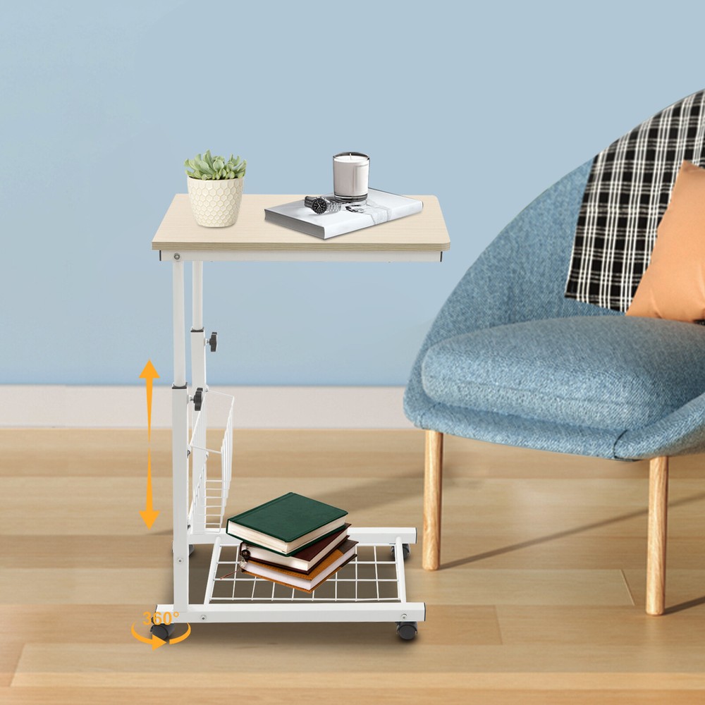 2 Tiers Adjustable Bed Side Table Thickened Mobile Standalone Table w/ Wheels